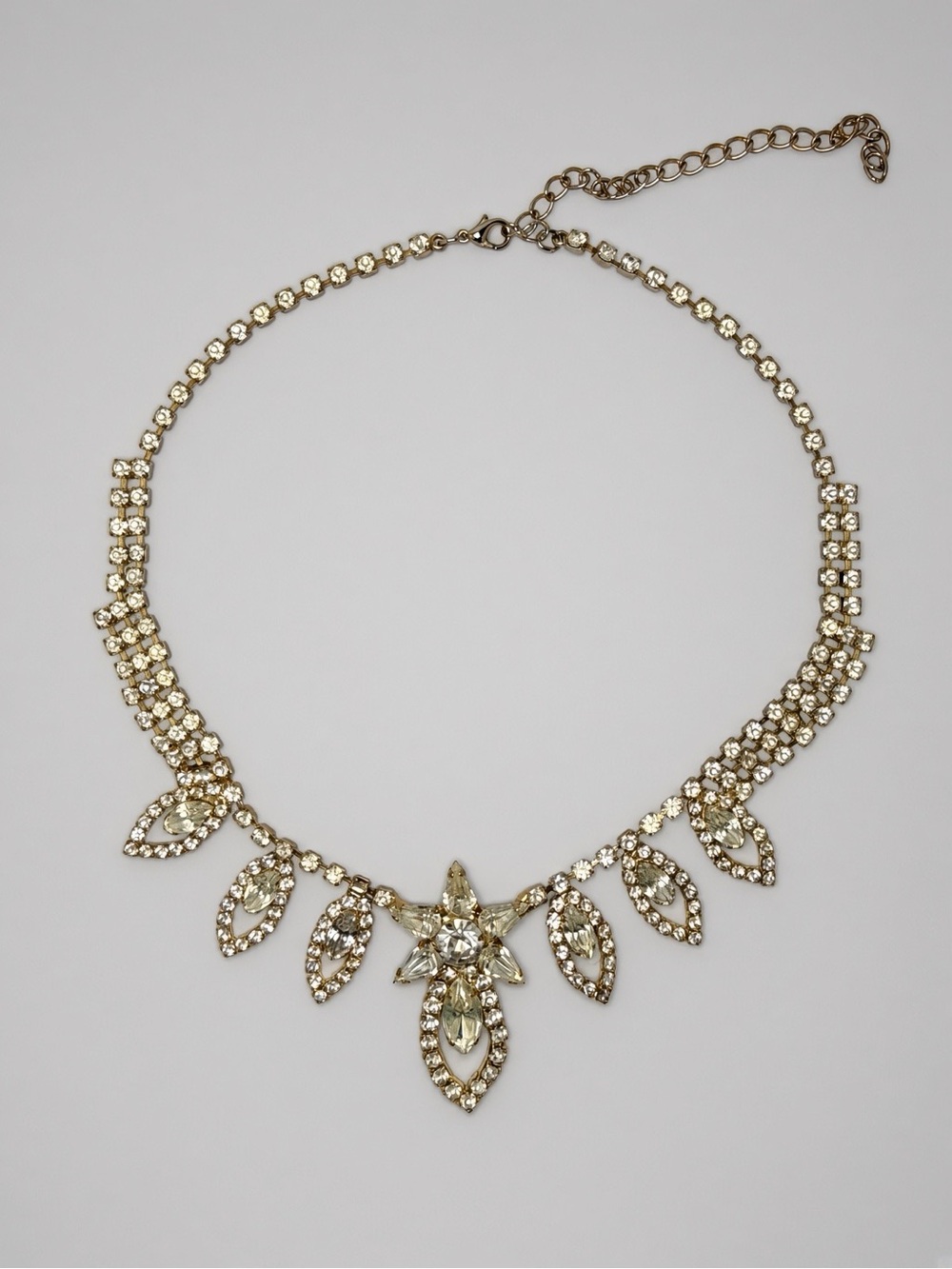 Vintage Gold Tone Rhinestone Statement Necklace Floral Drops 14” + Extender